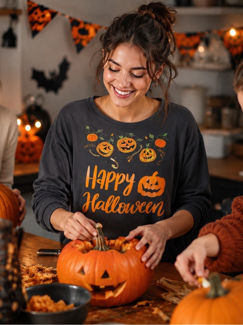 Happy Halloween Pumpkin Patch Top Shirt Gray Graphic Womens Long Sleeve Sz XL